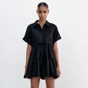 Zara Black Oxford Dress 100% Cotton Short Sleeve Tie Waist Tiered Flare Size XS